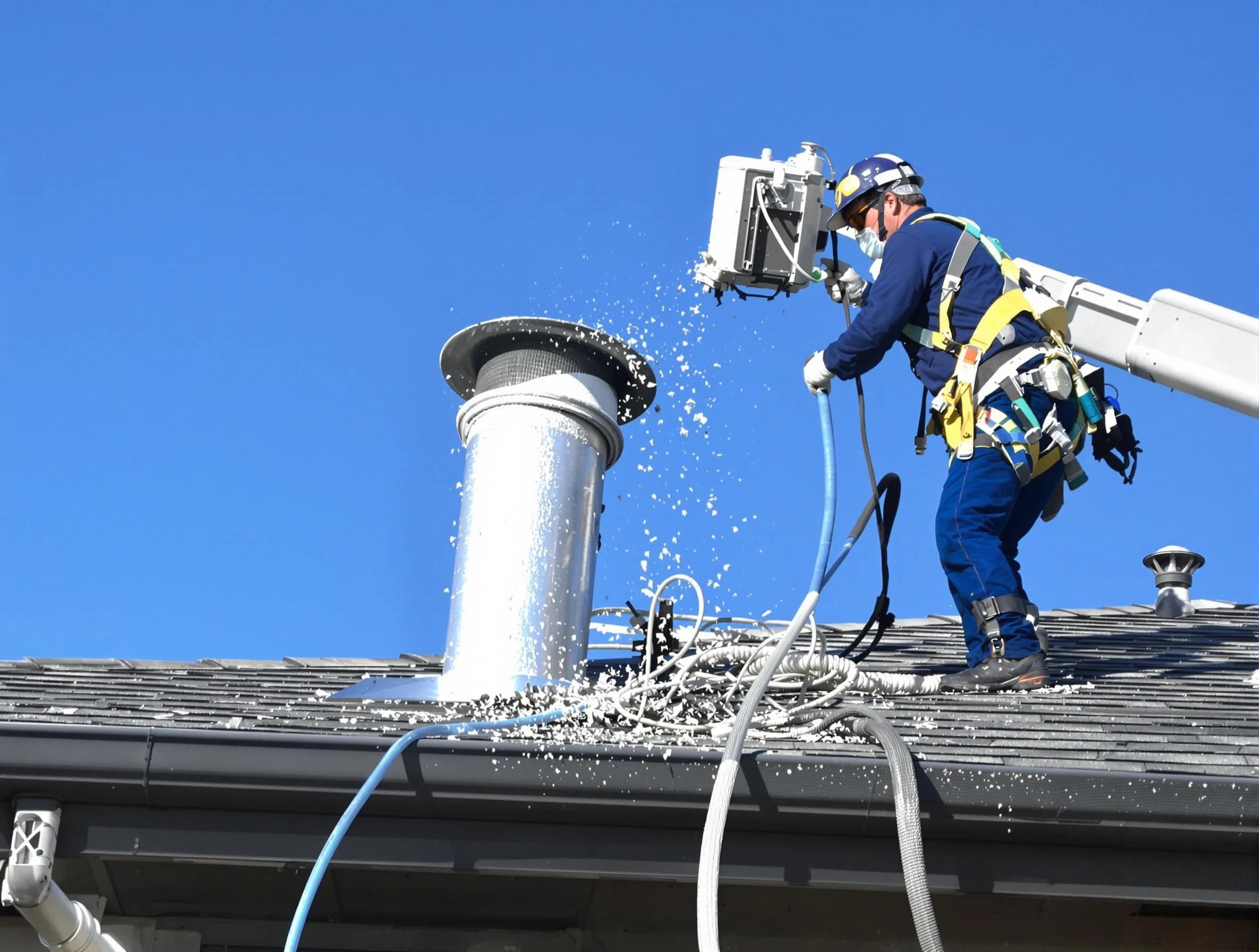 Plain City Dryer Vent Cleaning certified technician safely cleaning a roof-mounted dryer vent in Plain City
