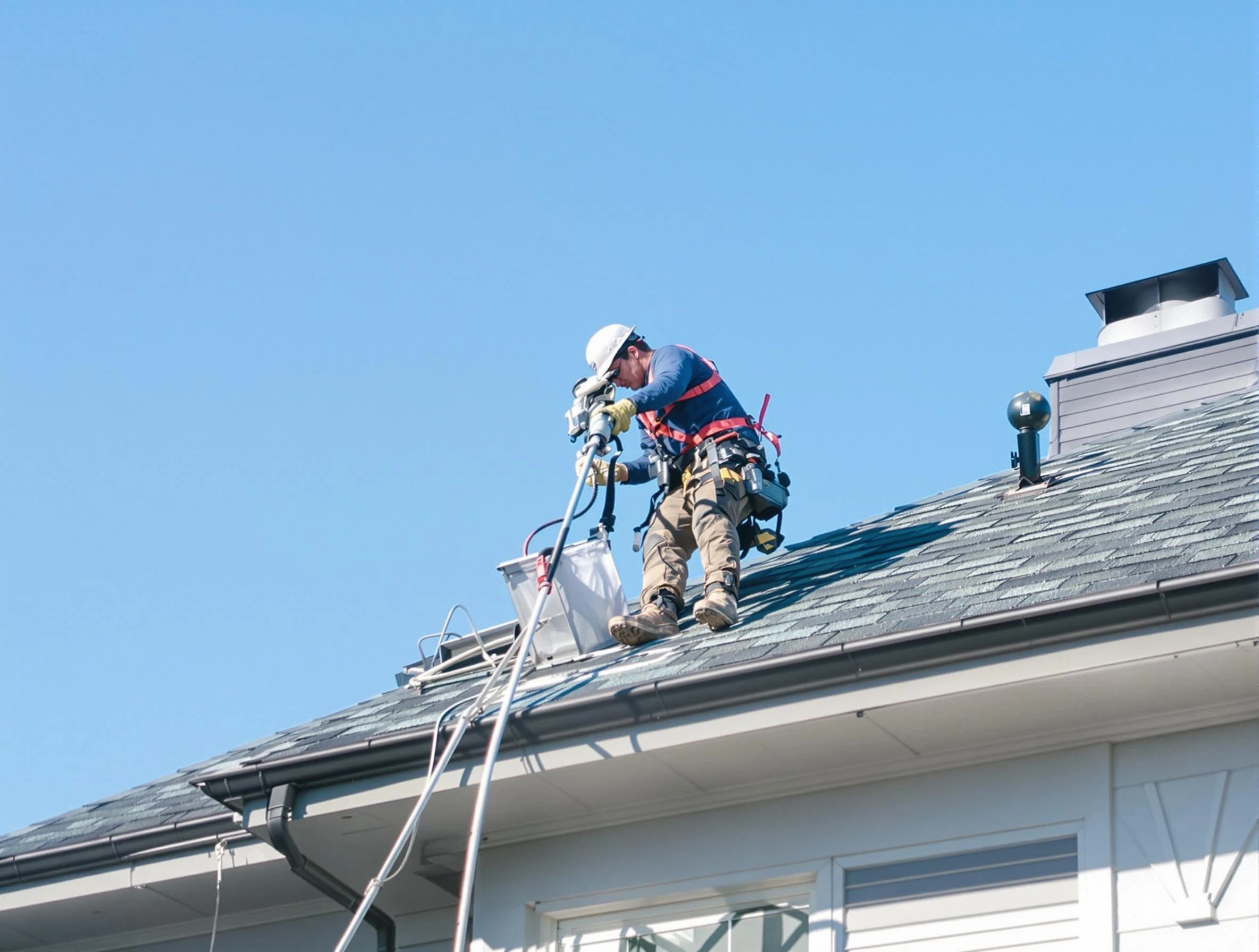 Plain City Dryer Vent Cleaning certified technician cleaning a roof-mounted dryer vent system in Plain City