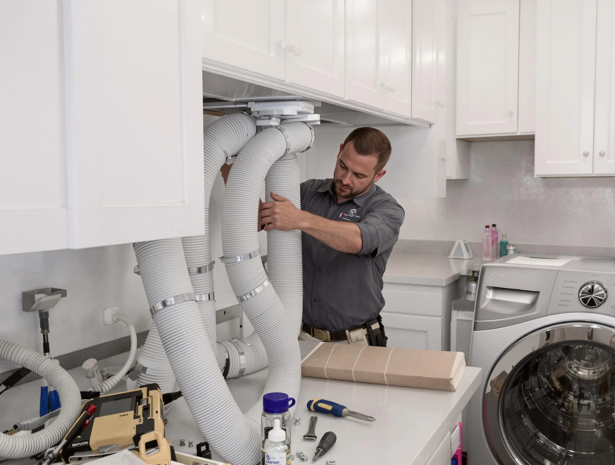 Plain City Dryer Vent Cleaning technician installing a new professional-grade dryer vent hose in Plain City