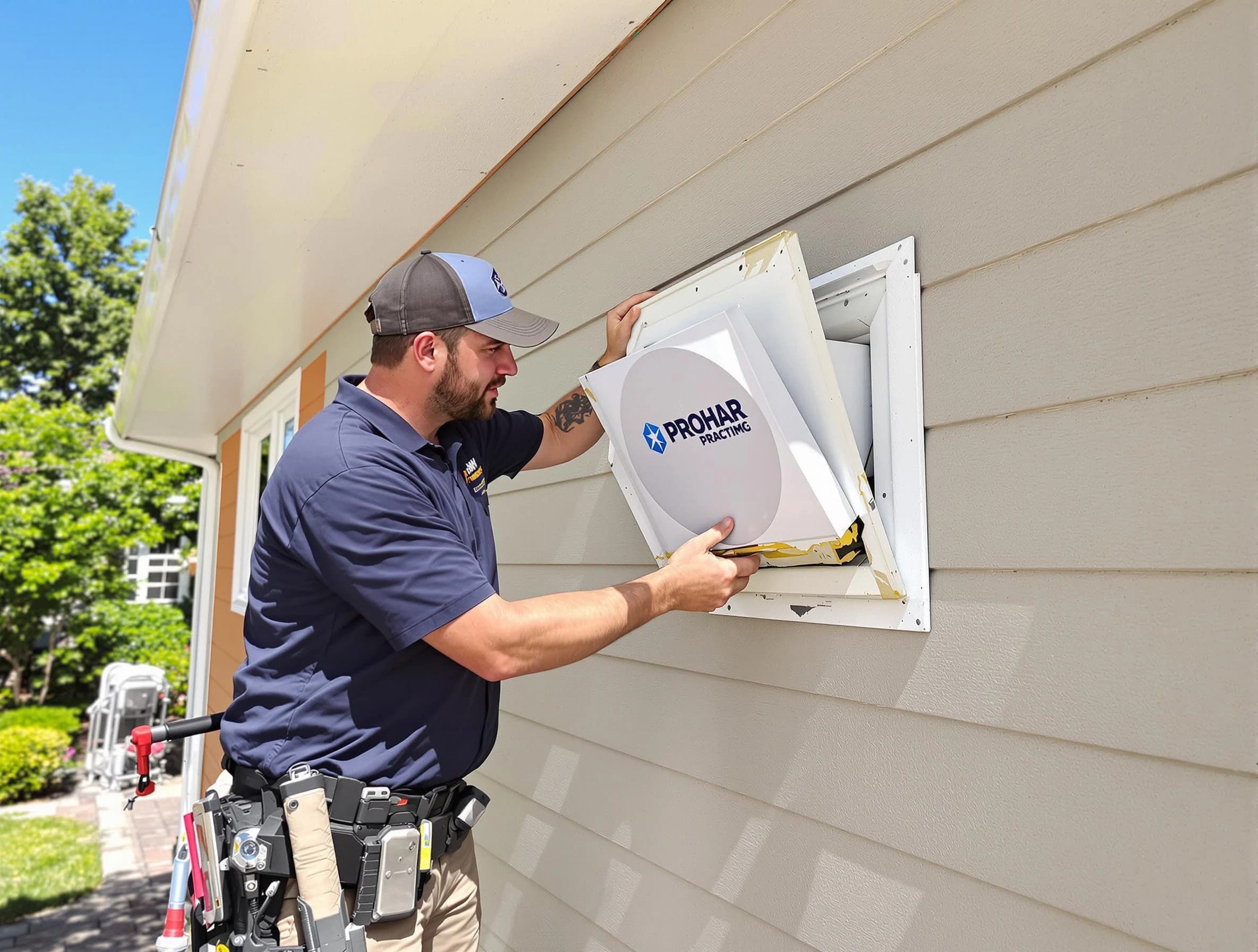 Plain City Dryer Vent Cleaning technician installing a new protective dryer vent cover on a home in Plain City