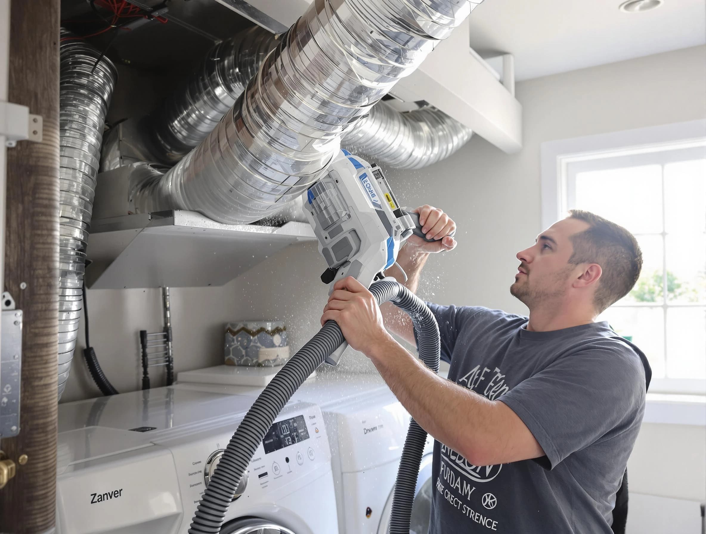 Plain City Dryer Vent Cleaning specialist cleaning deep within a dryer vent duct system in Plain City