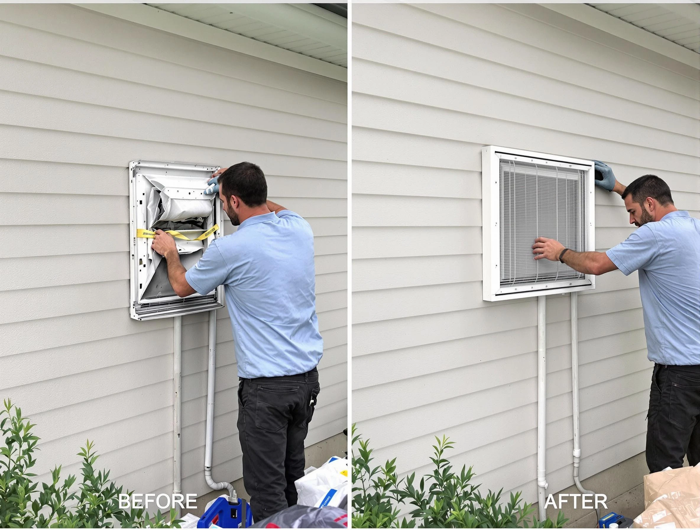 Plain City Dryer Vent Cleaning technician installing high-quality dryer vent cover at a residential property in Plain City